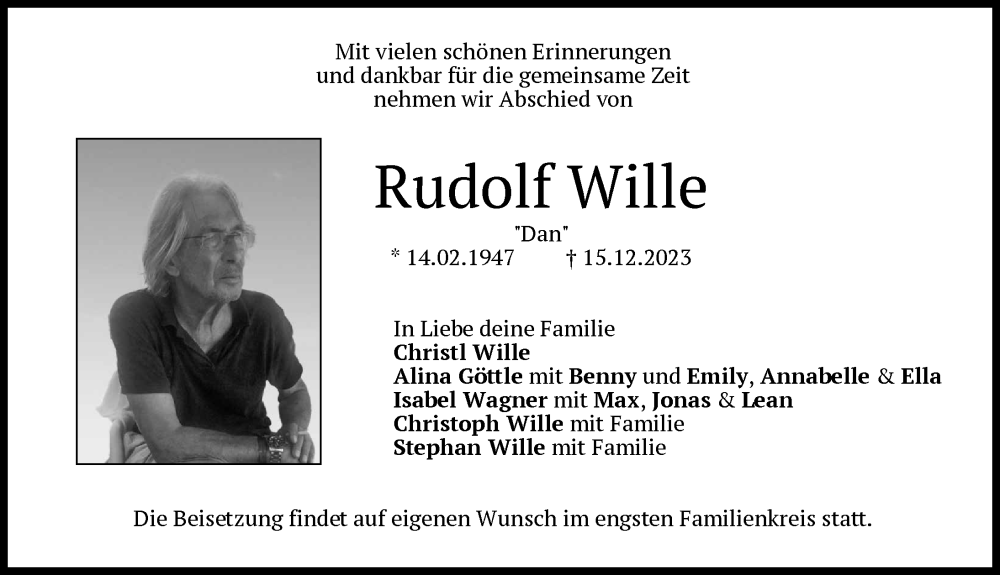 Traueranzeige von Rudolf Wille von Landsberger Tagblatt