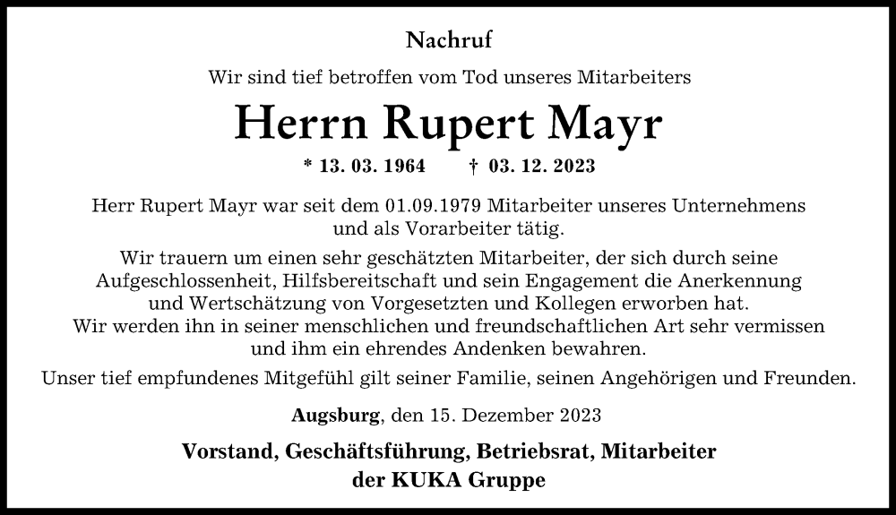 Traueranzeige von Rupert Mayr von Augsburger Allgemeine