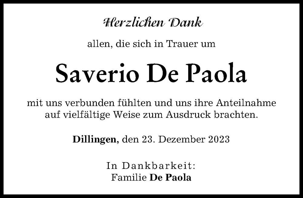 Traueranzeige von Saverio De Paola von Donau Zeitung