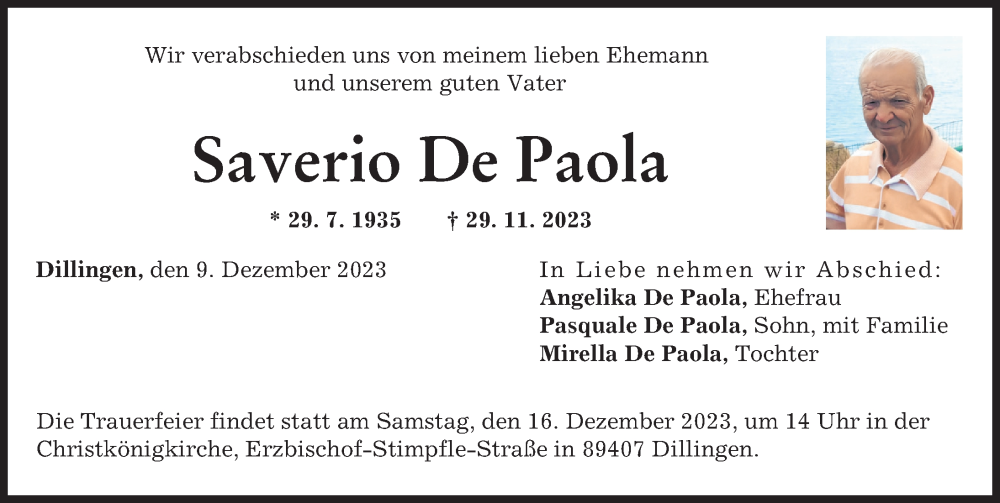 Traueranzeige von Saverio De Paola von Donau Zeitung