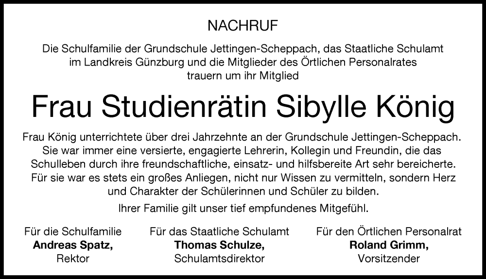  Traueranzeige für Sibylle König vom 23.12.2023 aus Günzburger Zeitung