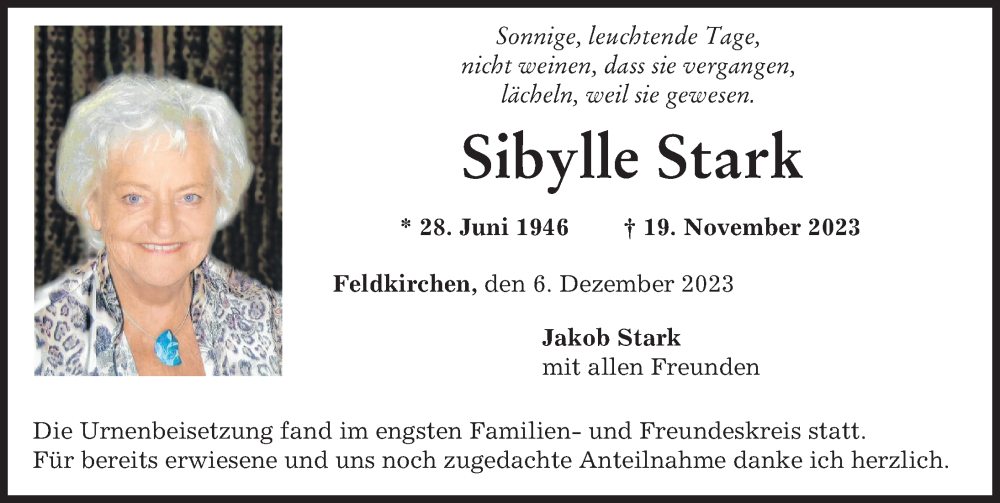  Traueranzeige für Sibylle Stark vom 06.12.2023 aus Neuburger Rundschau