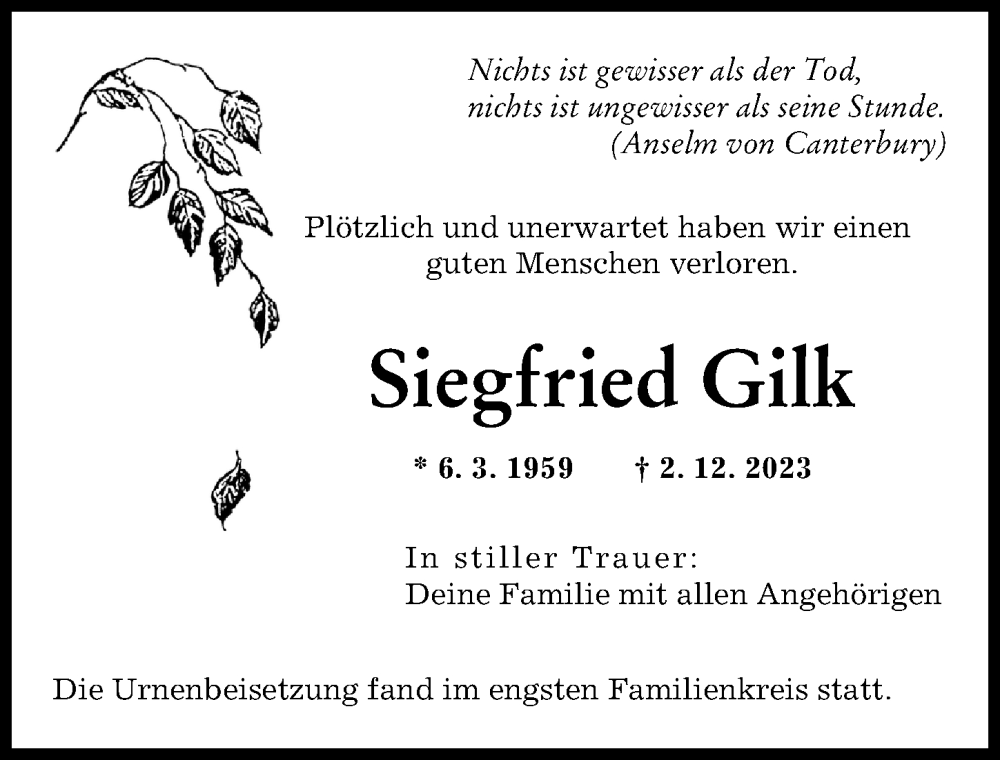 Traueranzeige von Siegfried Gilk von Friedberger Allgemeine