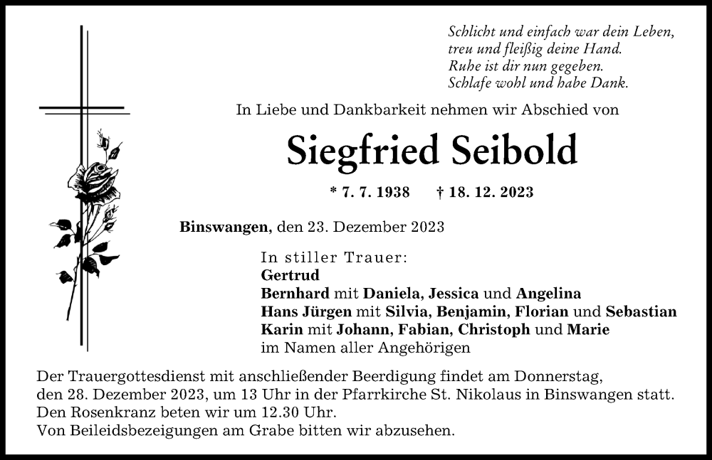 Traueranzeige von Siegfried Seibold von Wertinger Zeitung