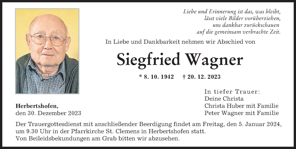 Traueranzeige von Siegfried Wagner von Augsburger Allgemeine