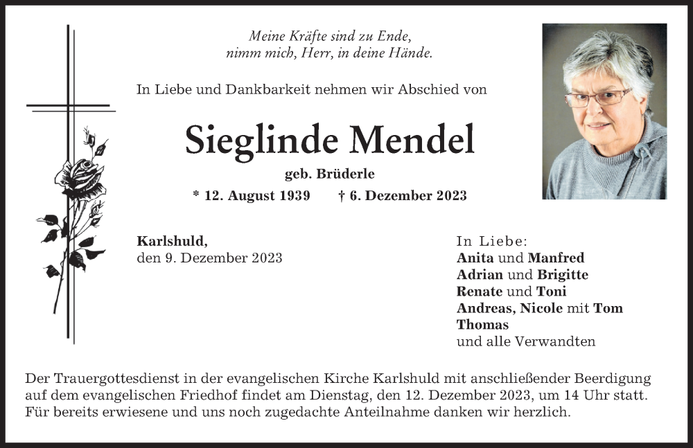  Traueranzeige für Sieglinde Mendel vom 09.12.2023 aus Neuburger Rundschau