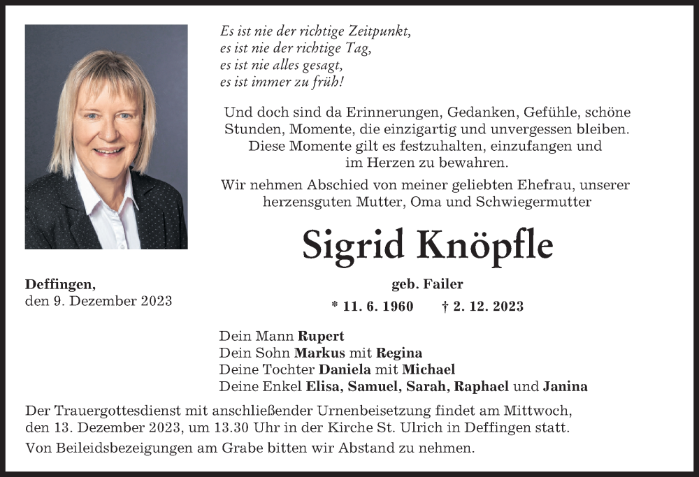  Traueranzeige für Sigrid Knöpfle vom 09.12.2023 aus Günzburger Zeitung