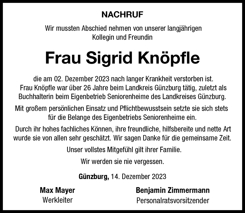  Traueranzeige für Sigrid Knöpfle vom 14.12.2023 aus Günzburger Zeitung