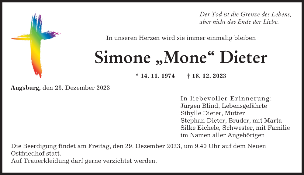 Traueranzeige von Simone Dieter von Augsburger Allgemeine