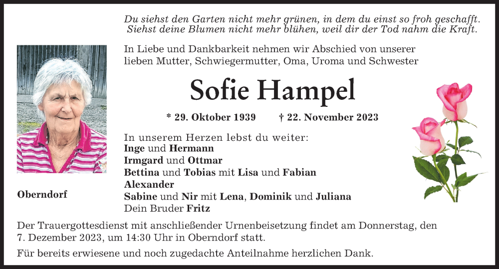 Traueranzeige für Sofie Hampel vom 02.12.2023 aus Donauwörther Zeitung