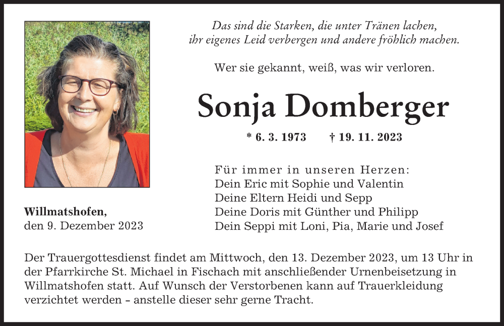  Traueranzeige für Sonja Domberger vom 09.12.2023 aus Augsburger Allgemeine