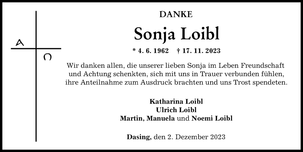  Traueranzeige für Sonja Loibl vom 02.12.2023 aus Friedberger Allgemeine