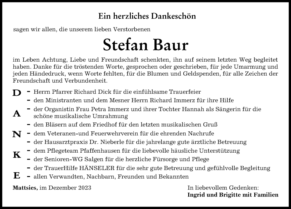  Traueranzeige für Stefan Baur vom 09.12.2023 aus Mindelheimer Zeitung