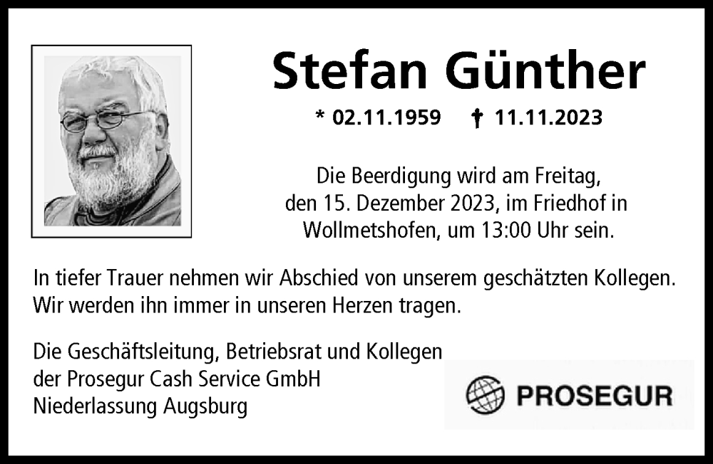  Traueranzeige für Stefan Günther vom 13.12.2023 aus Augsburger Allgemeine