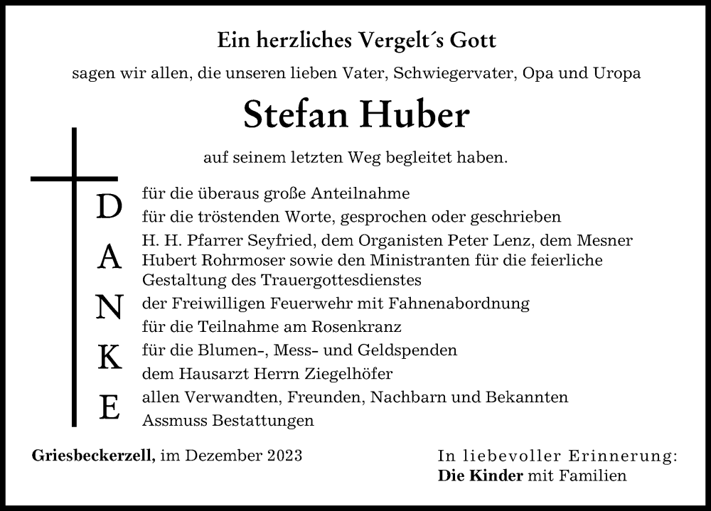 Traueranzeige von Stefan Huber von Aichacher Nachrichten