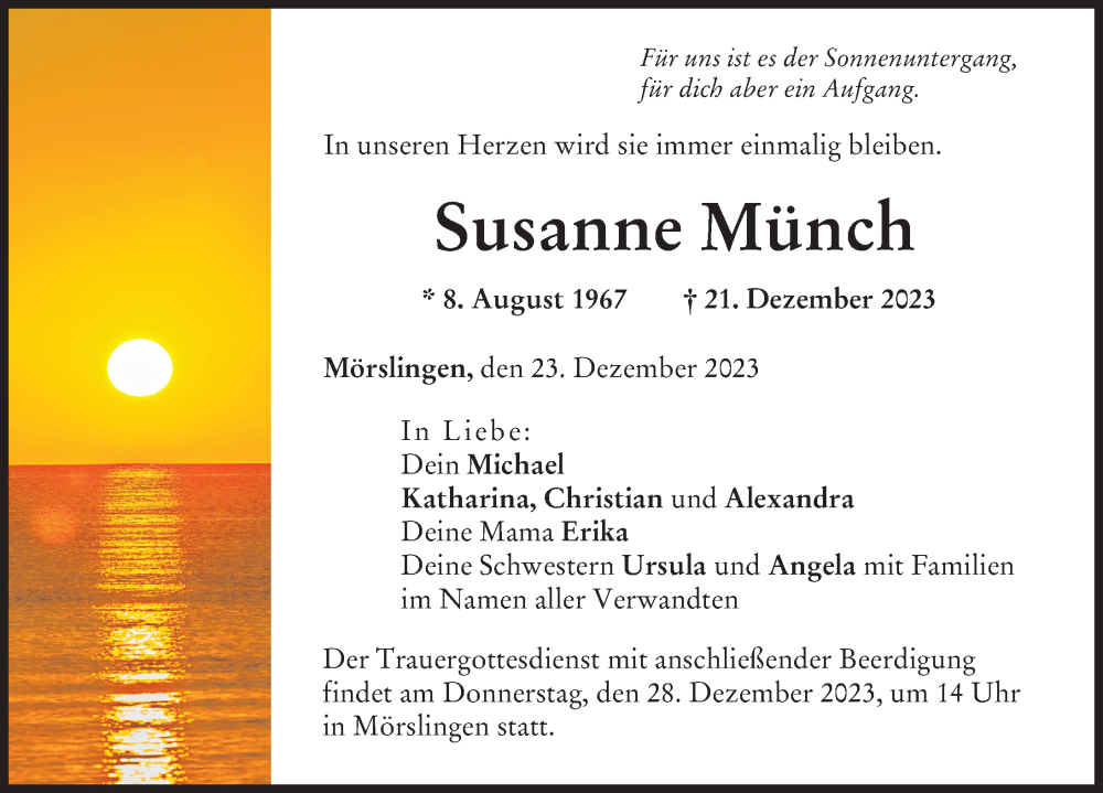  Traueranzeige für Susanne Münch vom 23.12.2023 aus Donau Zeitung