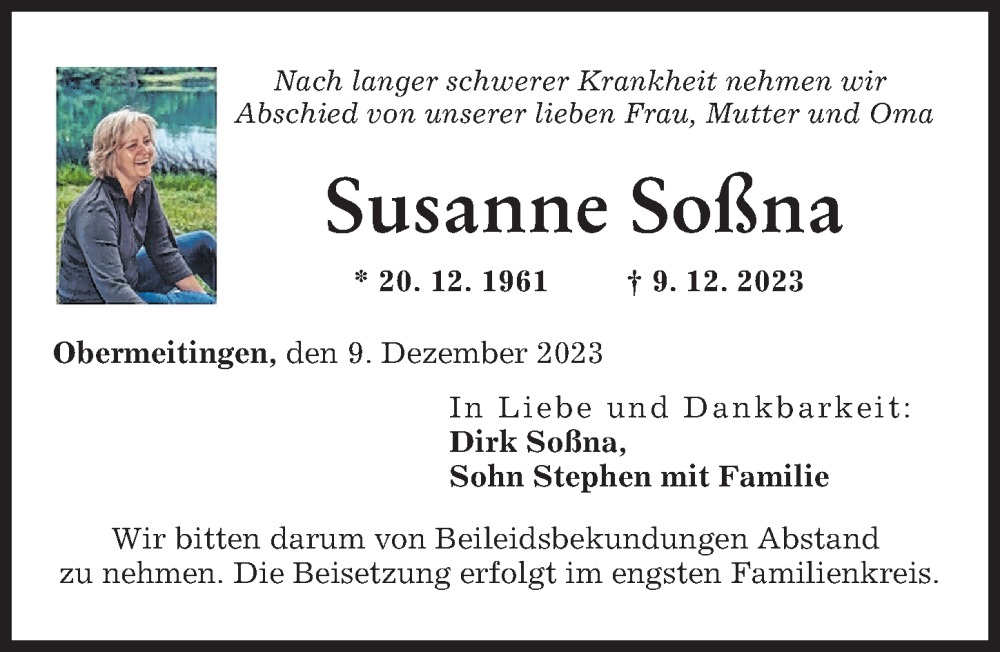 Traueranzeige von Susanne Soßna von Schwabmünchner Allgemeine, Landsberger Tagblatt