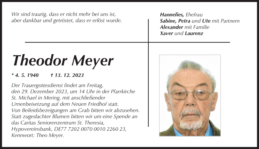  Traueranzeige für Theodor Meyer vom 23.12.2023 aus Friedberger Allgemeine