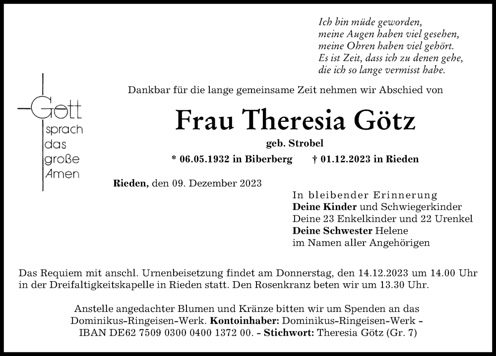  Traueranzeige für Theresia Götz vom 09.12.2023 aus Günzburger Zeitung