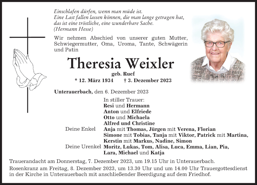 Traueranzeige für Theresia Weixler vom 06.12.2023 aus Mindelheimer Zeitung
