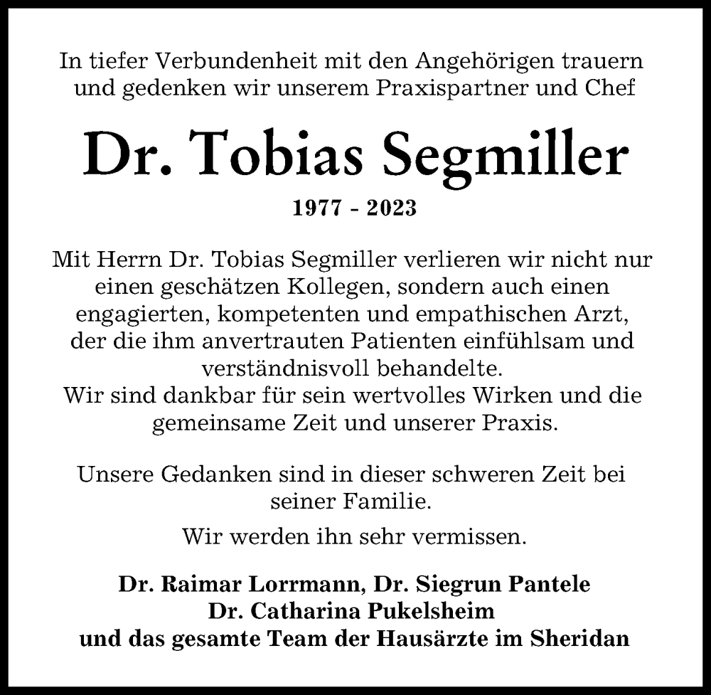  Traueranzeige für Tobias Segmiller vom 05.12.2023 aus Augsburger Allgemeine