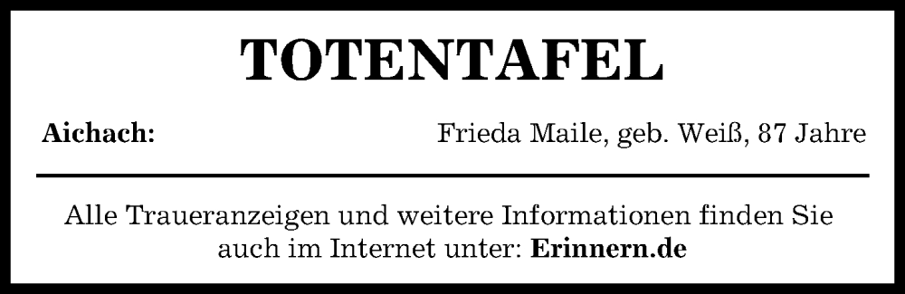 Traueranzeige von Totentafel vom 22.12.2023 von Aichacher Nachrichten