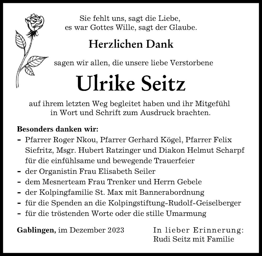  Traueranzeige für Ulrike Seitz vom 30.12.2023 aus Augsburger Allgemeine