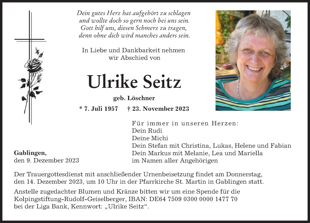  Traueranzeige für Ulrike Seitz vom 09.12.2023 aus Augsburger Allgemeine