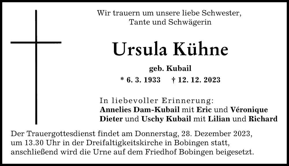 Traueranzeige von Ursula Kühne von Schwabmünchner Allgemeine