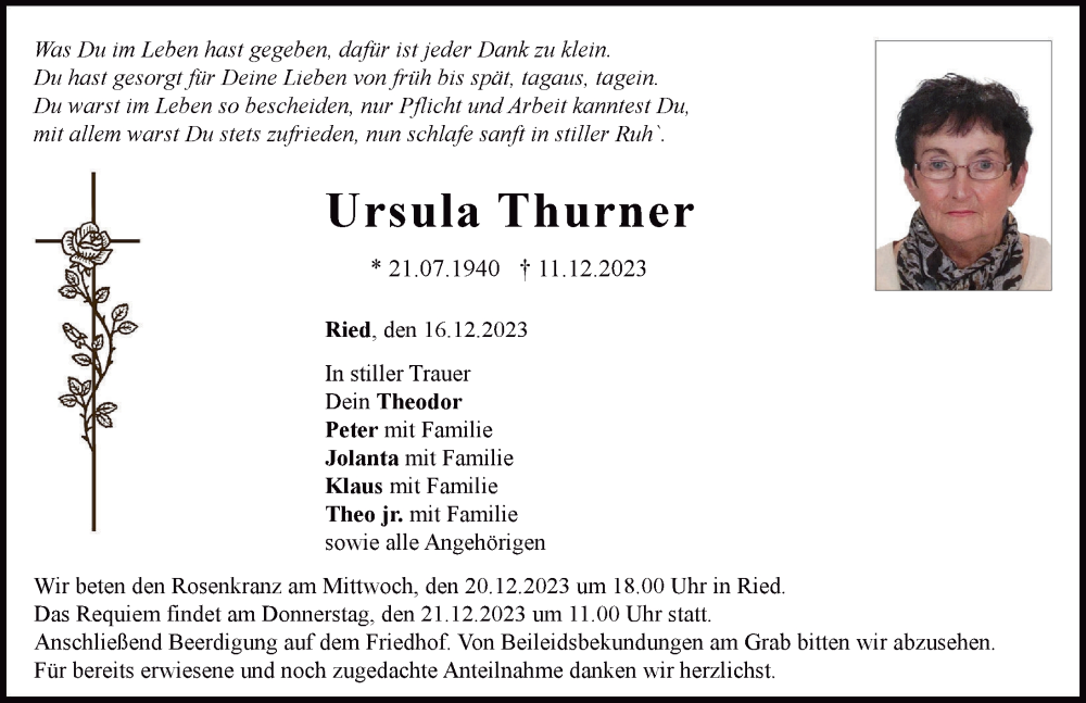 Traueranzeige von Ursula Thurner von Neuburger Rundschau