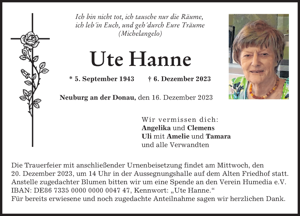 Traueranzeige von Ute Hanne von Neuburger Rundschau