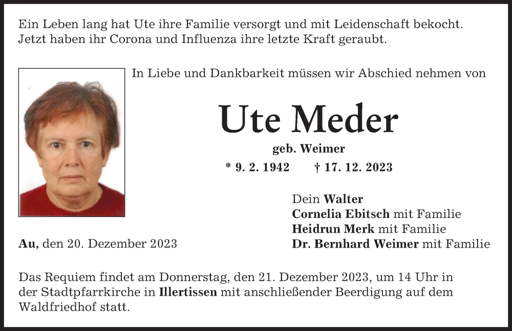 Traueranzeige von Ute Meder von Illertisser Zeitung