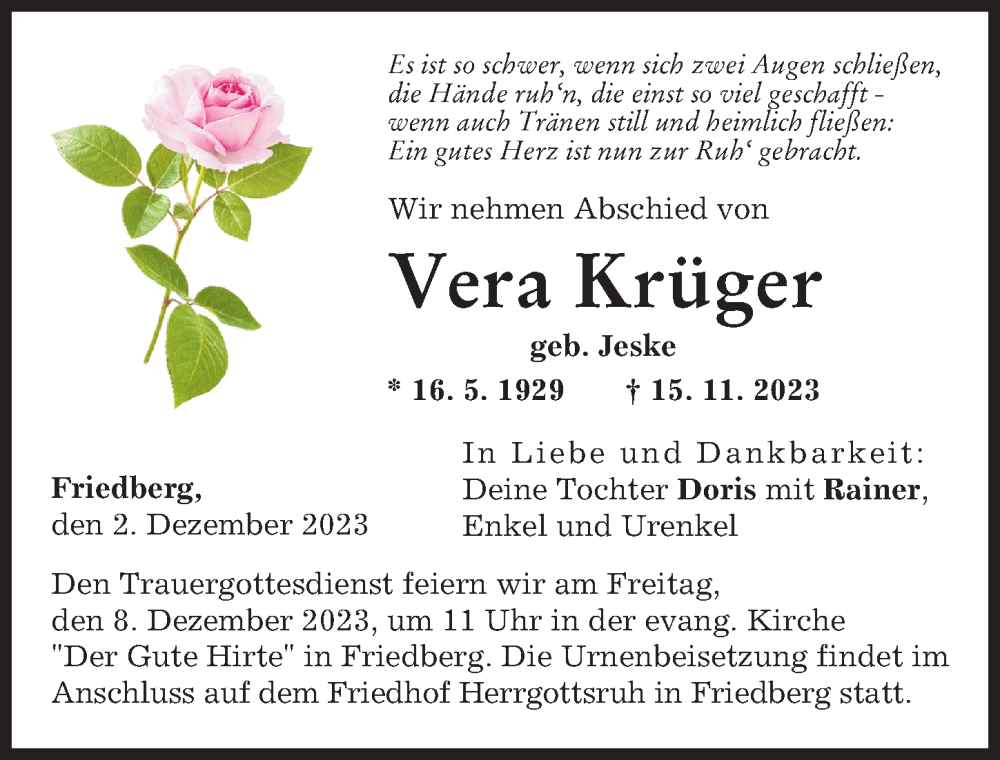  Traueranzeige für Vera Krüger vom 02.12.2023 aus Friedberger Allgemeine