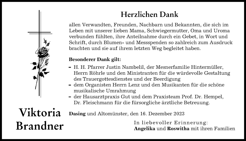  Traueranzeige für Viktoria Brandner vom 16.12.2023 aus Friedberger Allgemeine