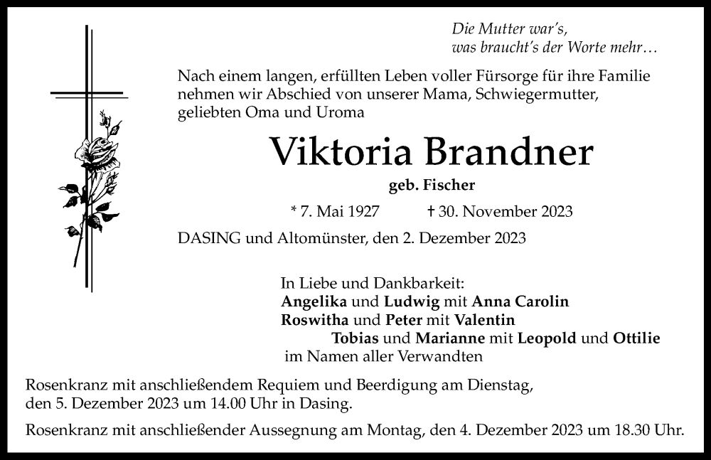  Traueranzeige für Viktoria Brandner vom 02.12.2023 aus Friedberger Allgemeine