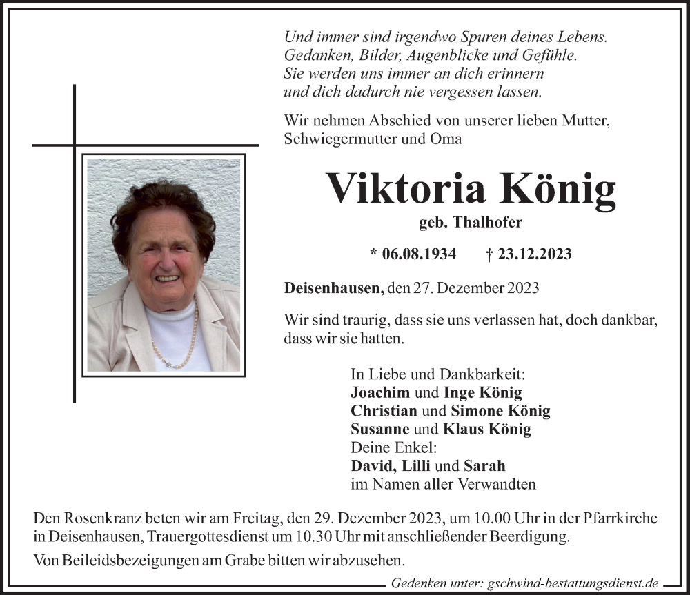 Traueranzeige von Viktoria König von Mittelschwäbische Nachrichten