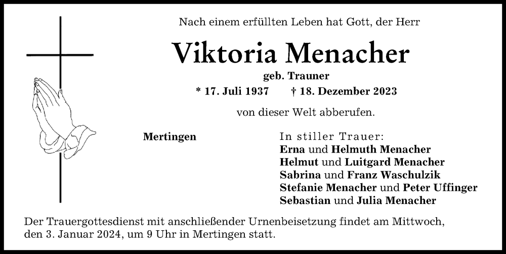 Traueranzeige von Viktoria Menacher von Donauwörther Zeitung