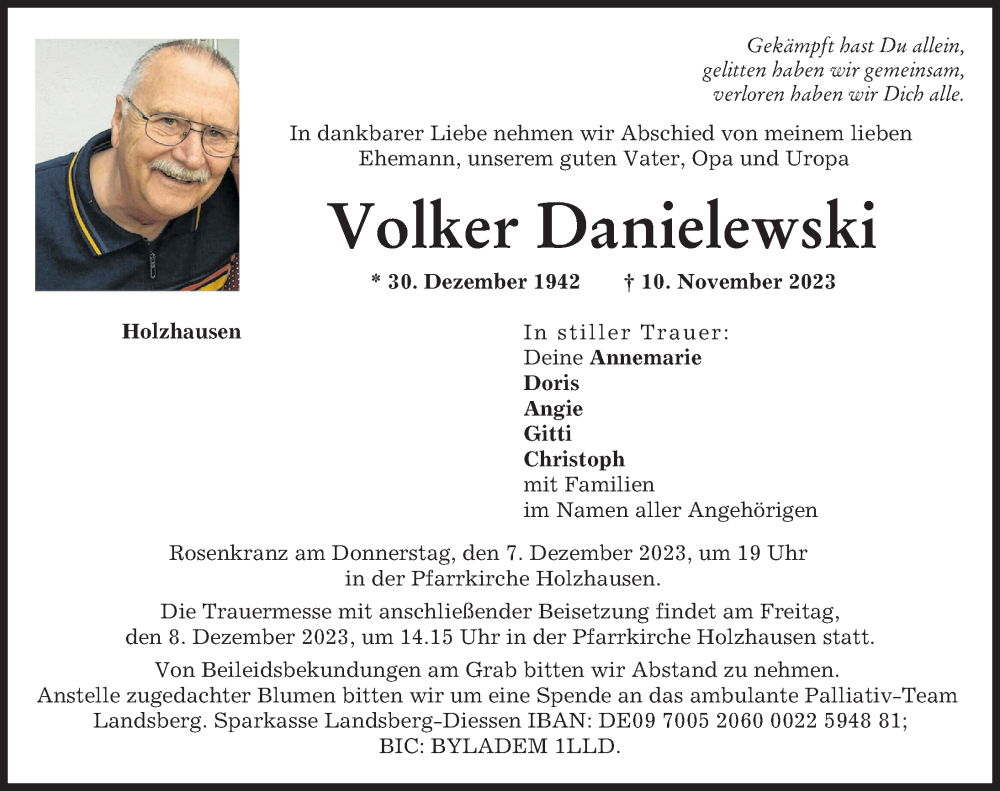  Traueranzeige für Volker Danielewski vom 02.12.2023 aus Landsberger Tagblatt
