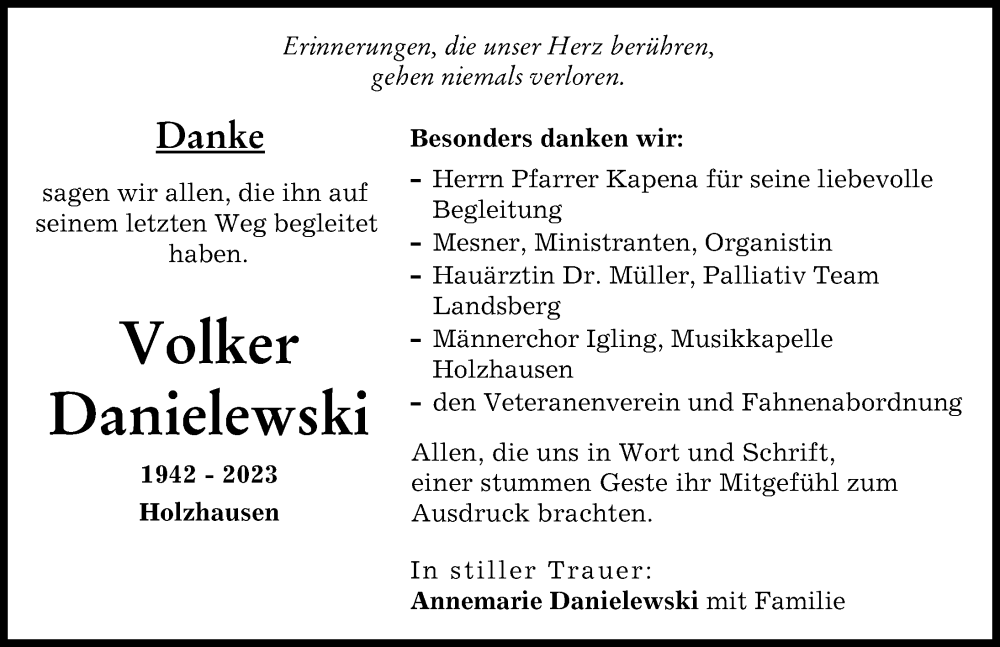  Traueranzeige für Volker Danielewski vom 23.12.2023 aus Landsberger Tagblatt