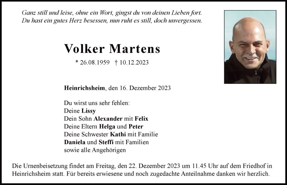  Traueranzeige für Volker Martens vom 16.12.2023 aus Neuburger Rundschau