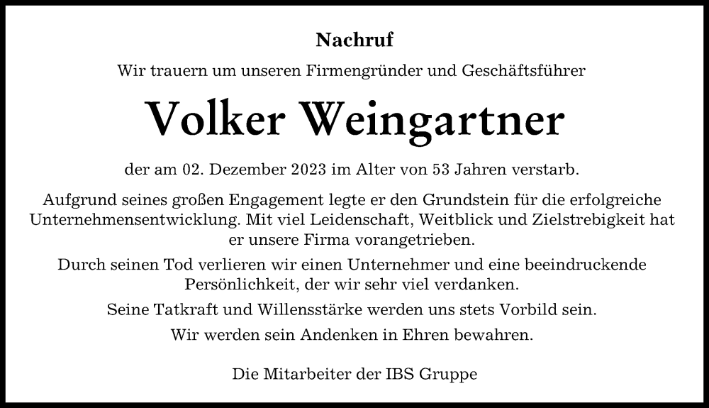  Traueranzeige für Volker Weingartner vom 09.12.2023 aus Augsburg-Land, Aichacher Nachrichten