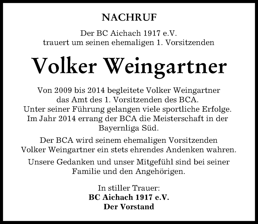  Traueranzeige für Volker Weingartner vom 16.12.2023 aus Aichacher Nachrichten