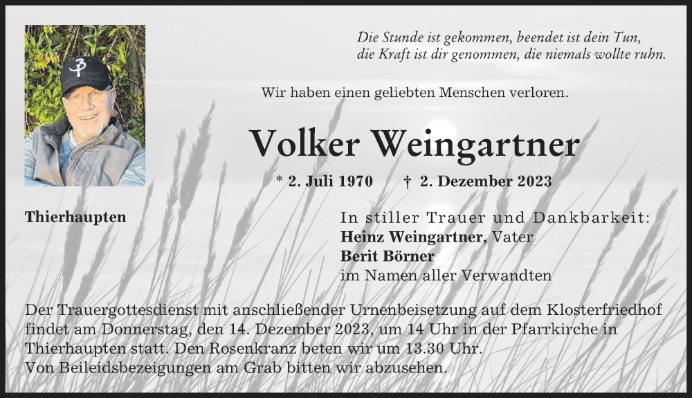  Traueranzeige für Volker Weingartner vom 09.12.2023 aus Aichacher Nachrichten, Augsburg-Land