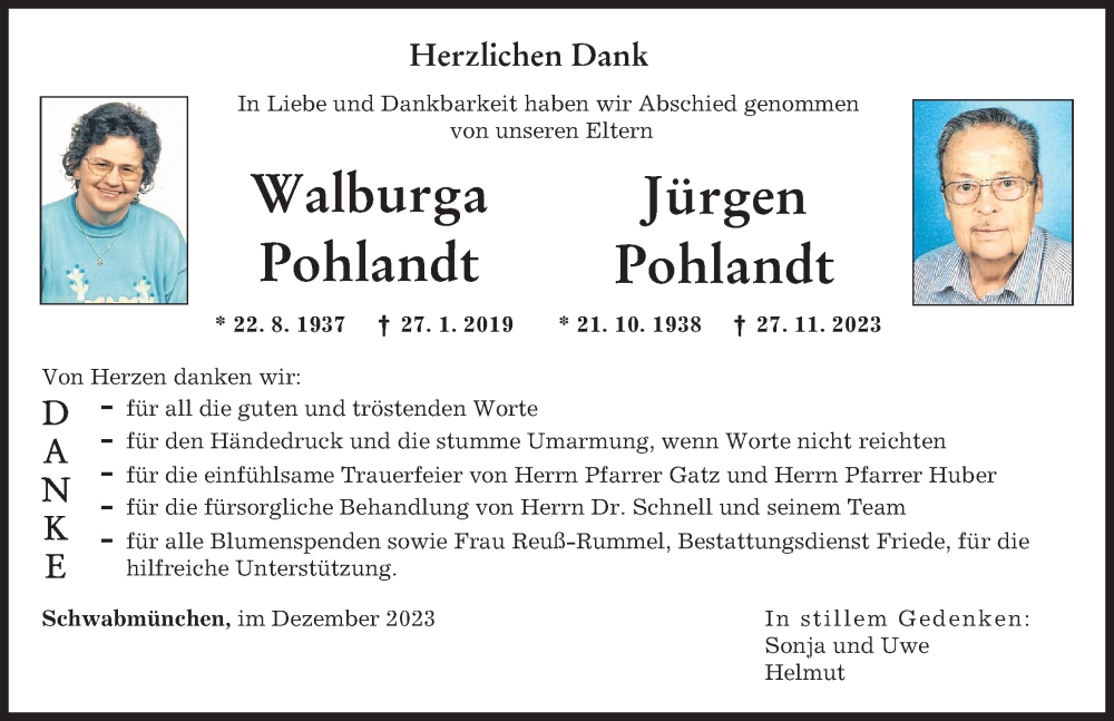  Traueranzeige für Walburga Pohlandt vom 09.12.2023 aus Augsburger Allgemeine