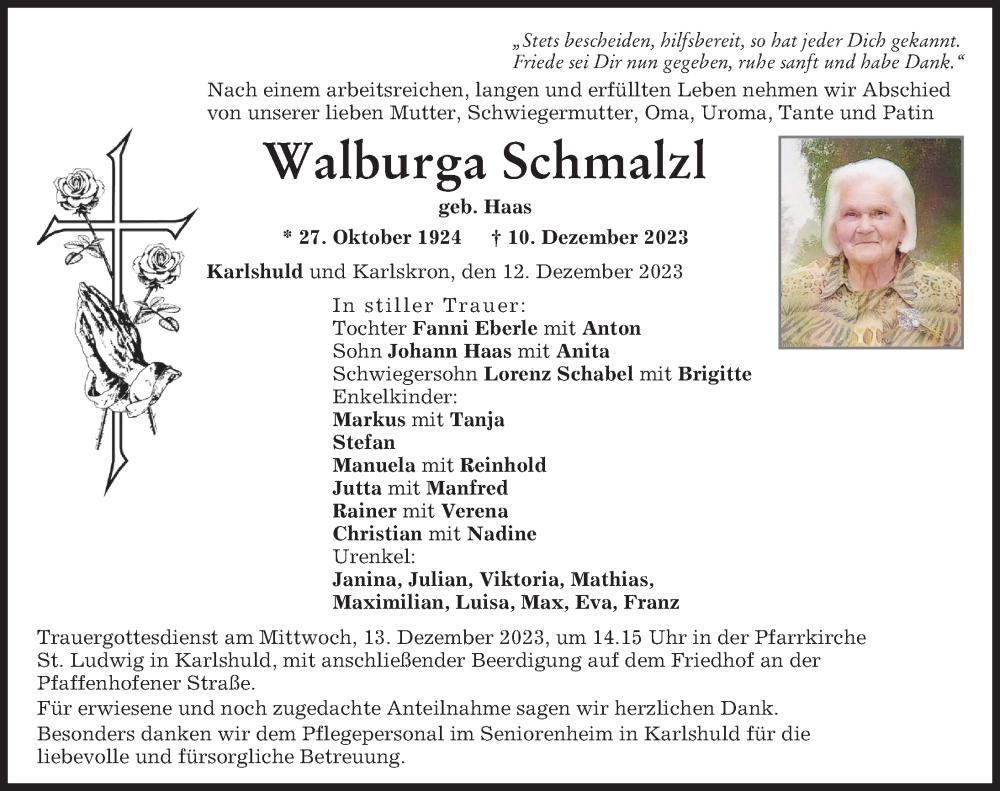 Traueranzeige von Walburga Schmalzl von Neuburger Rundschau