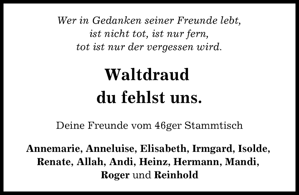 Traueranzeige von Waltdraud  von Schwabmünchner Allgemeine