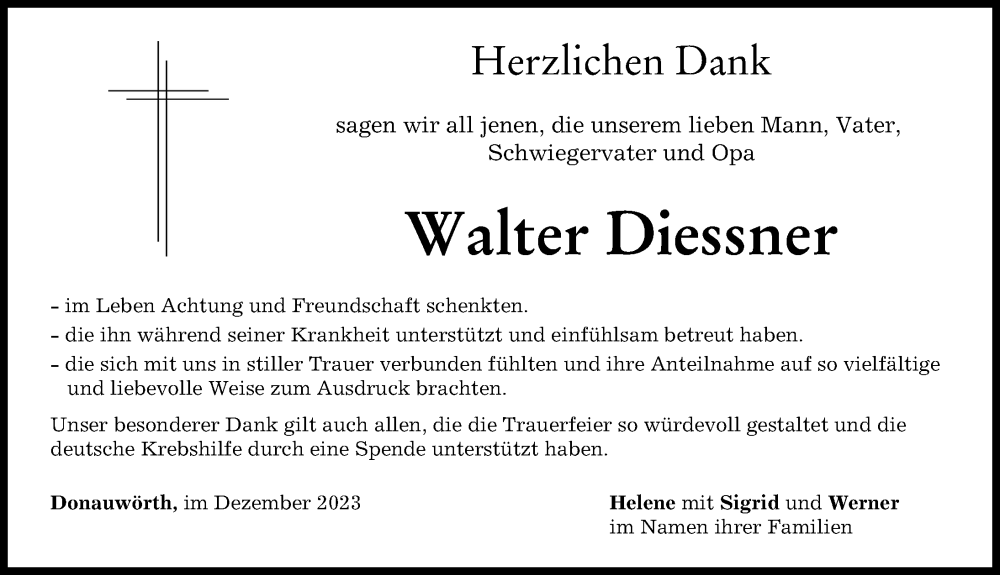 Traueranzeige von Walter Diessner von Donauwörther Zeitung