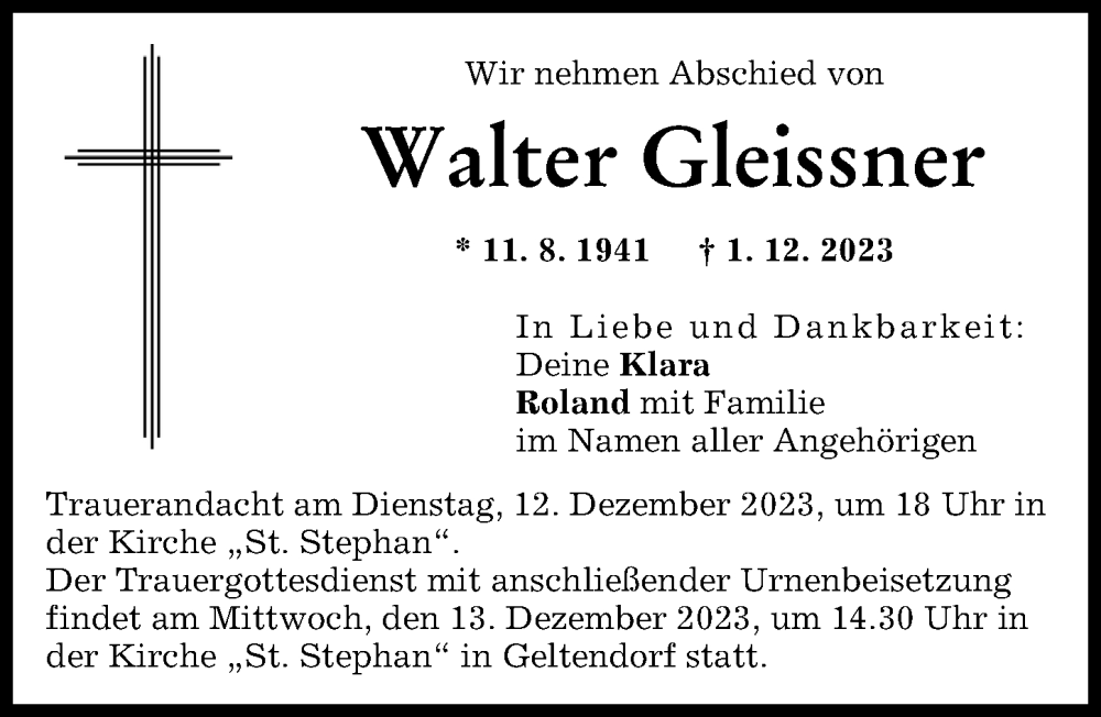  Traueranzeige für Walter Gleissner vom 09.12.2023 aus Landsberger Tagblatt