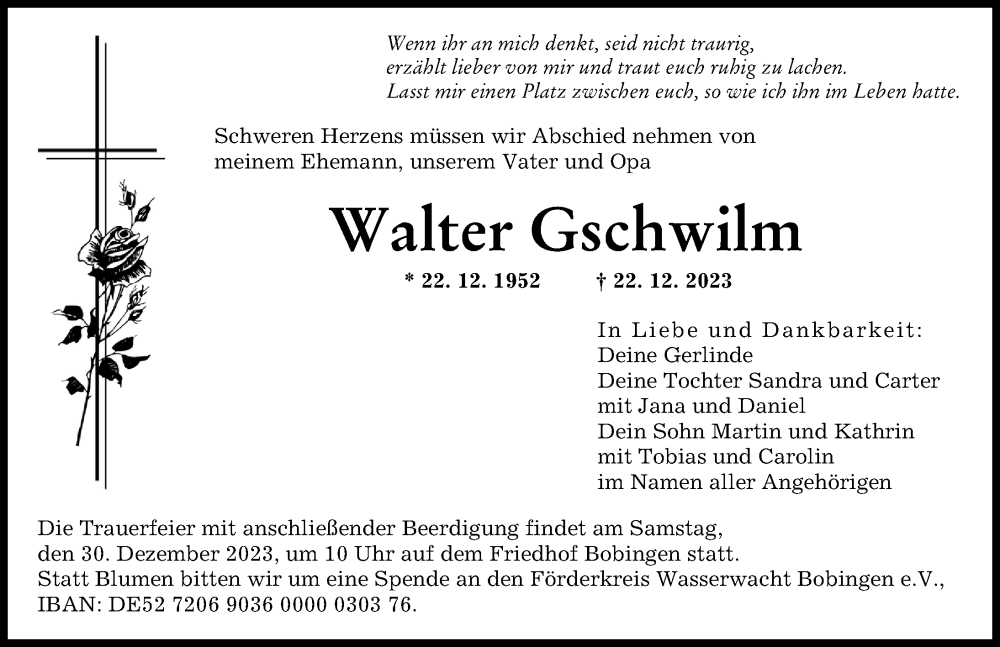 Traueranzeige von Walter Gschwilm von Augsburger Allgemeine