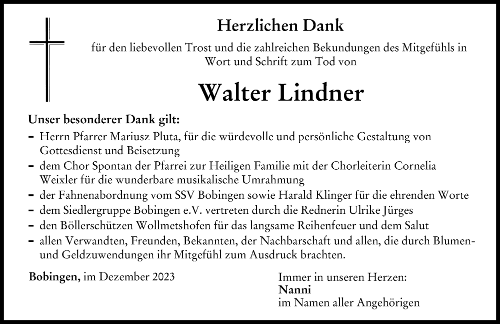  Traueranzeige für Walter Lindner vom 02.12.2023 aus Schwabmünchner Allgemeine